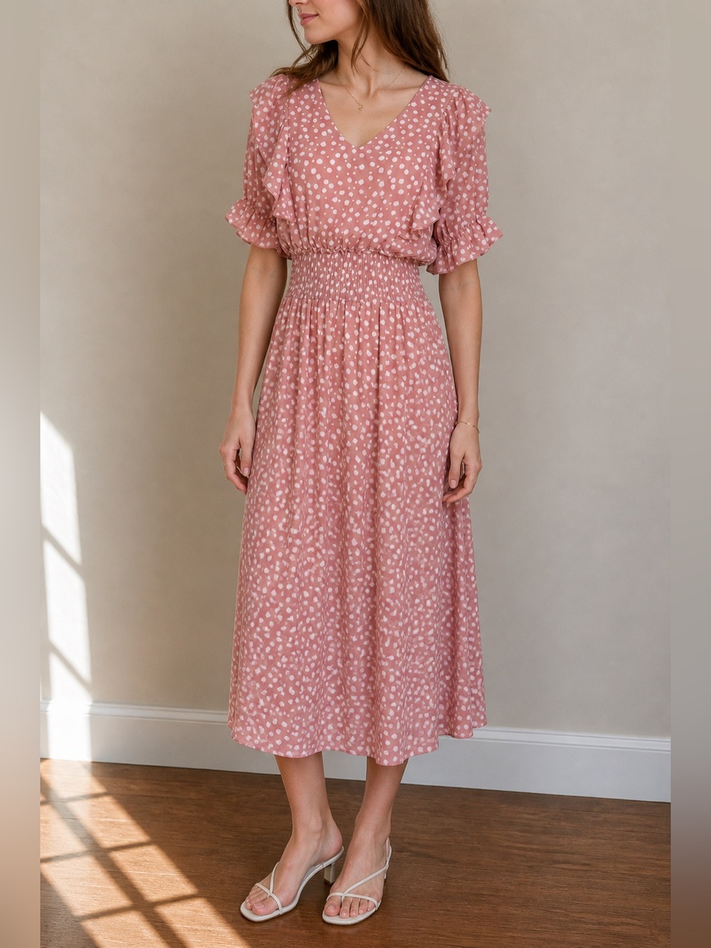 Pink Midi Polka Dot Dress Small Feminine Modest Cinched Waist Vintage Style